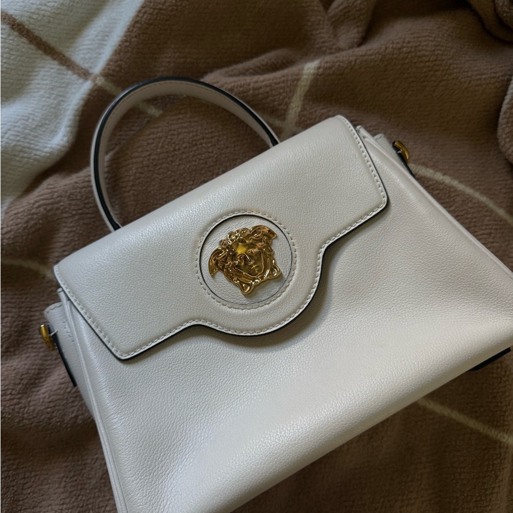 Versace Cream Satchel with Gold Medusa Accent